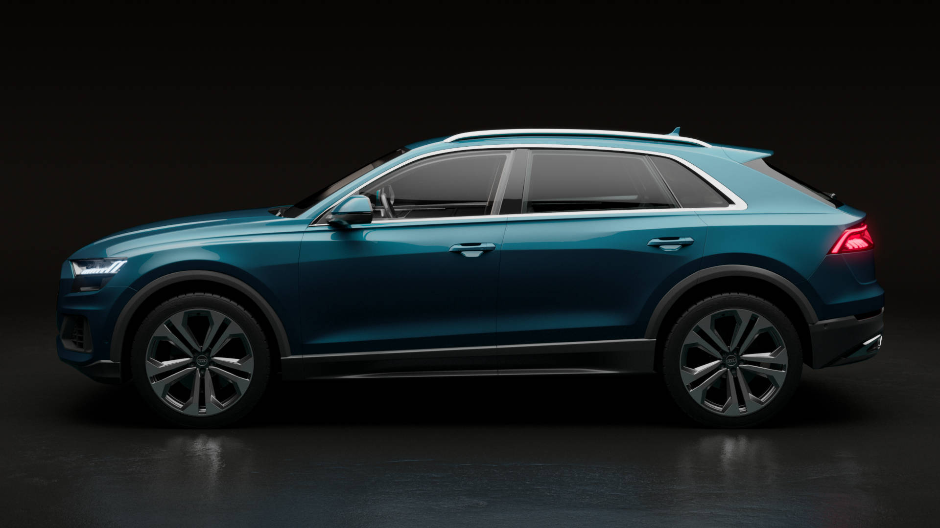 Galaxy blue Audi Q8 product shot side view.