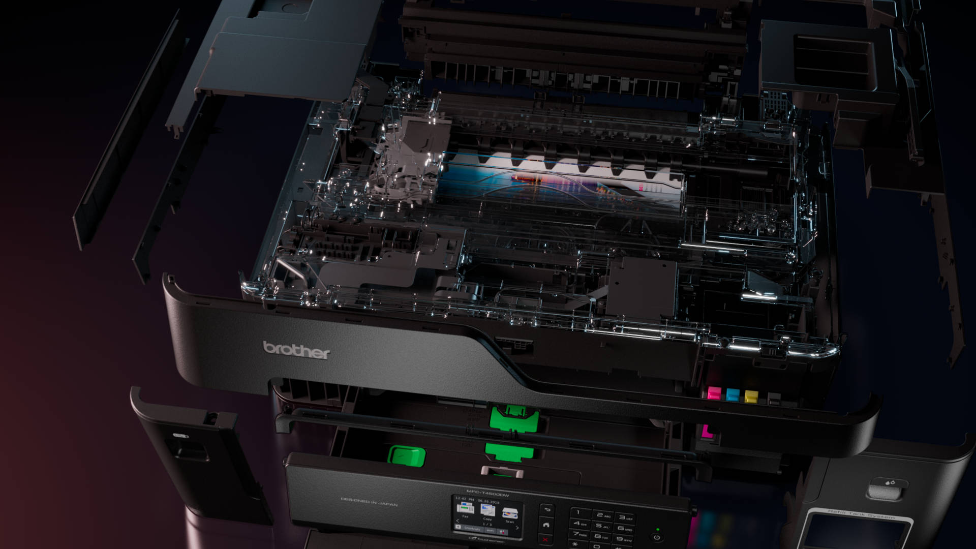 pieces of a Brother printer flying apart in an exploded view.