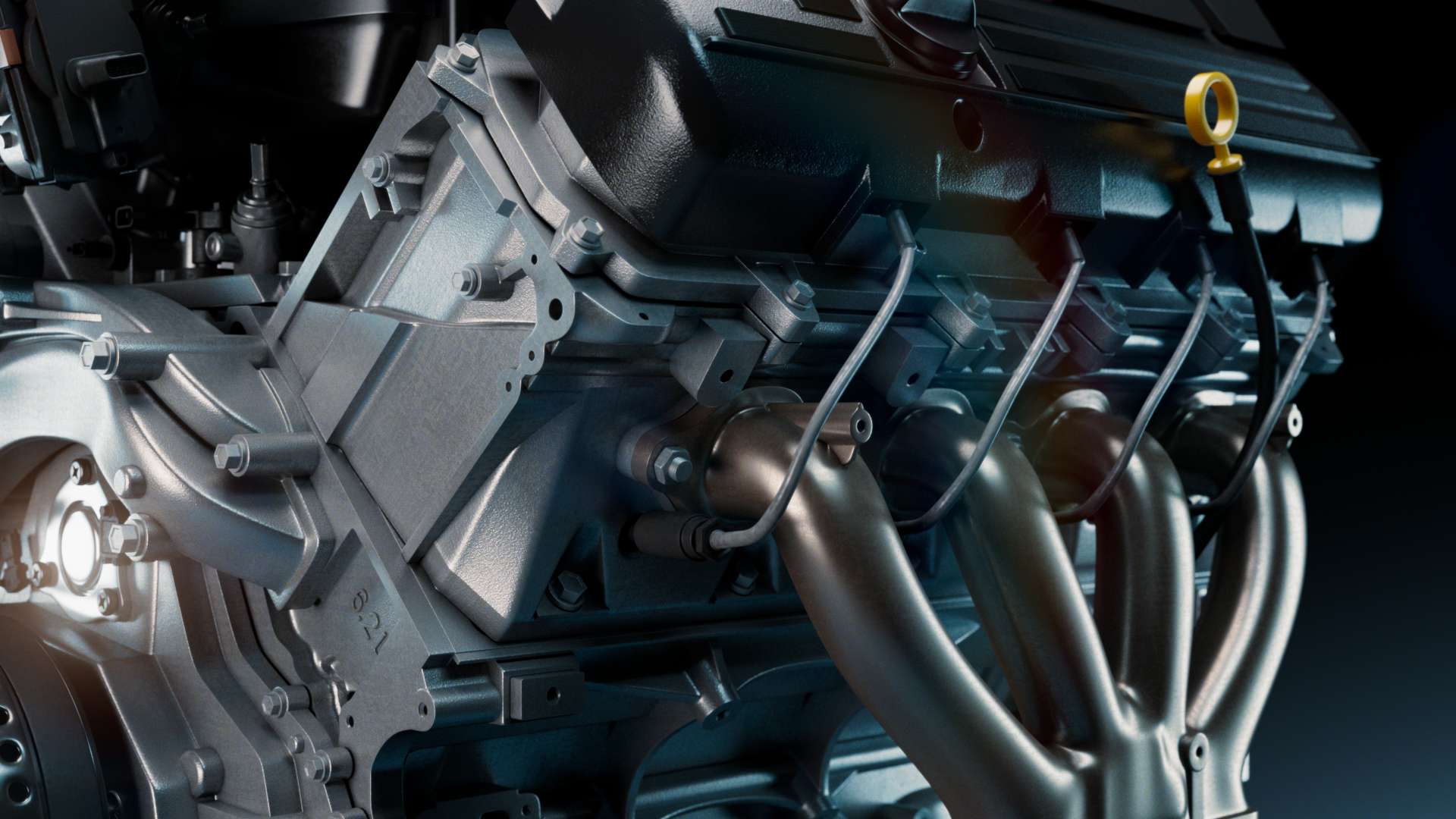 Corvette engine close-up render.
